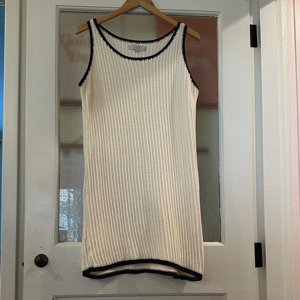 LOFT Cream Ribbed Mini Dress with Brown Trim